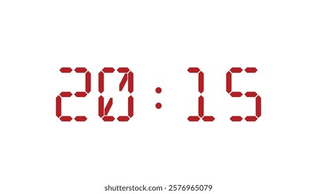Red digital clock closeup template displaying 20:15. Vector illustration