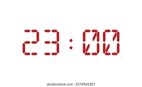 Red digital clock closeup template displaying 23:00. Vector illustration