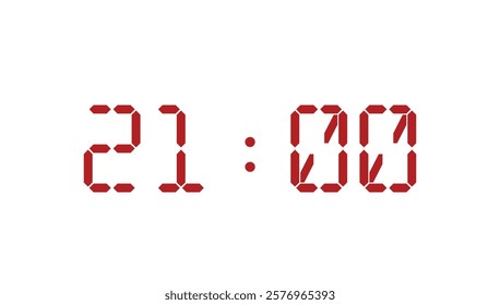 Red digital clock closeup template displaying  21:00. Vector illustration