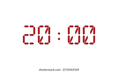 Red digital clock closeup template displaying 20:00. Vector illustration