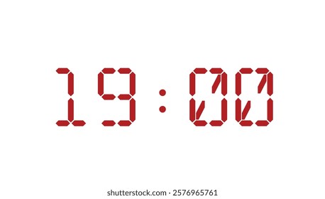 Red digital clock closeup template displaying 19:00. Vector illustration