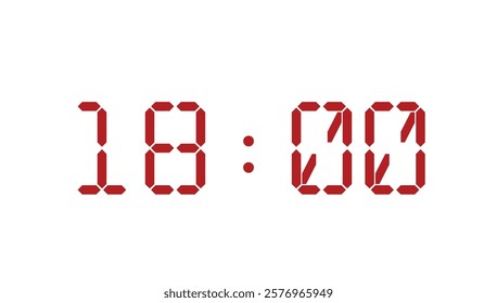 Red digital clock closeup template displaying 18:00. Vector illustration