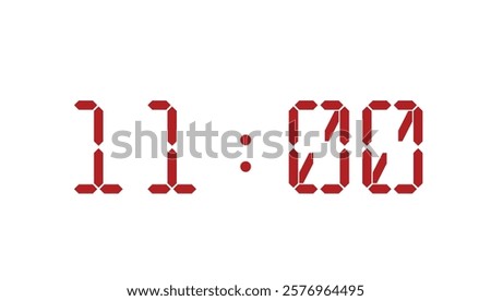 Red digital clock closeup template displaying 11:00. Vector illustration