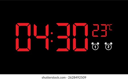 Red Digital Clock Displaying 04:30 at 23 Degrees Celsius on Black Background, Ideal for Punctuality Reminders and Time Management Visuals in a Modern Digital Design