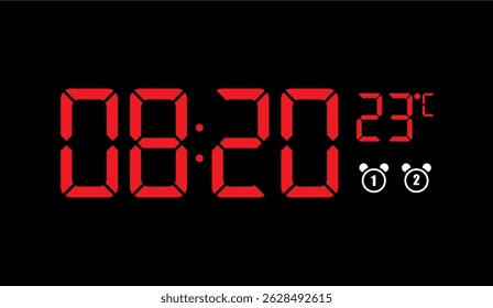 Relógio Digital Vermelho Exibindo 08:20 a 23 Graus Celsius com ícones de alarme em um fundo preto para aplicativos de cronometragem e monitoramento de temperatura