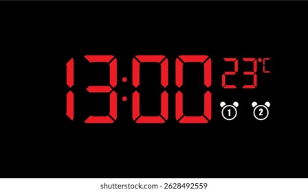 Relógio Digital Vermelho Exibindo 13:00 a 23 Graus Celsius no Plano de Fundo Preto, Realçando Tempo, Temperatura e Configurações de Alarme em um Estilo Moderno