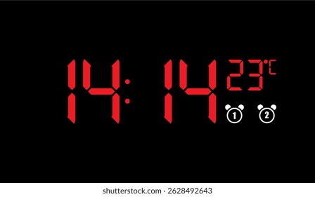 Relógio Digital Vermelho Exibindo 14:14 e 23�C em fundo preto para Timekeeping e Temperatura Visuais, Ideal para Tecnologia e Projetos de Design Moderno