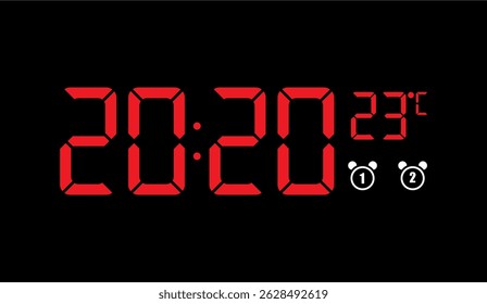 Red Digital Clock Displaying 20:20 Time and 23 Degrees Celsius on a Black Background, Illustrating Time Management and Technological Precision with Alarm Icons
