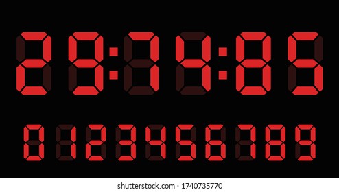 red digital clock number set. Electronic Counter, calculator number. Vector illustration.