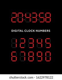 Red digital clock numbers on black background. Display timer.