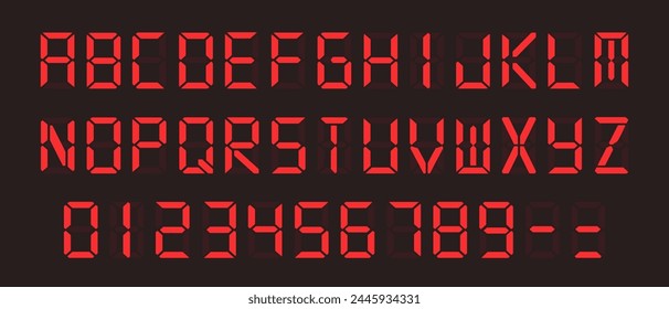 Red Digital Display Font with Alarm Clock Letters, Electronic Alphabet, Retro Calculator Symbols, LCD Monitor Characters, and Scoreboard Digits. Vector EPS 10