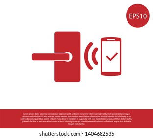 Red Digital door lock with wireless technology for unlock icon isolated on white background. Door handle sign. Security smart home of concept. Vector Illustration