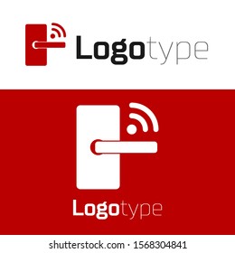 Red Digital door lock with wireless technology for unlock icon isolated on white background. Door handle sign. Security smart home. Logo design template element. Vector Illustration