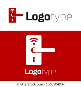 Red Digital door lock with wireless technology for unlock icon isolated on white background. Door handle sign. Security smart home. Logo design template element. Vector Illustration