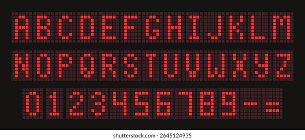 Red Digital Dotted Font with Alarm Clock Letters, Electronic Alphabet, Retro Calculator Symbols, Monitor Characters, and Scoreboard Digits. Vector EPS 10