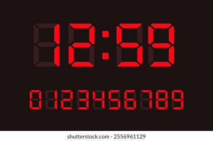 Red digital led numbers. Electronic or digital clock counter with led figures. Vector EPS 10