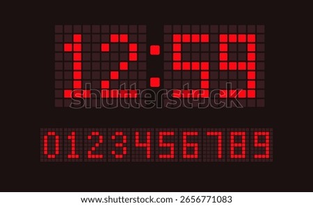 Red digital led numbers. Electronic or digital clock counter with led dotted figures. Vector EPS 10