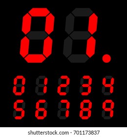 red digital number signs made up from seven segments on dark background