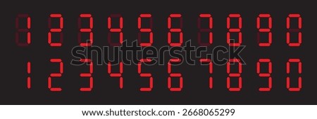 Red digital numbers set for calculator and digital clock vector. Sign, alarm, calculator, clock, light, electronic, display, computer, watch, time. Can use for banner, web design, poster.