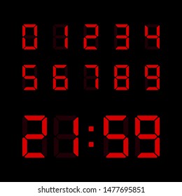 Red digital numbers set isolated on black background. Vector electronic figures for interface design.