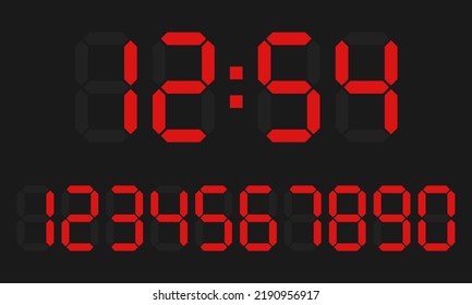 Red digital numbers set isolated on black background, vector electronic figures for interface design.