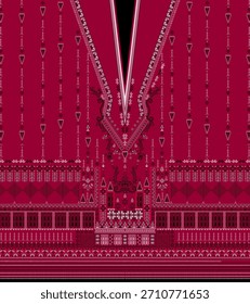 Diseño de camisa digital roja con patrones bordados tradicionales con cuello en V y panel inferior detallado.