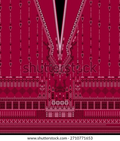 Red digital shirt design featuring traditional embroidered patterns with a V-neck and detailed bottom panel.