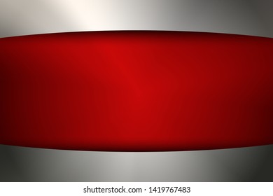 Red digital template under metallic frame. Vector illustration. Modern technology mockup with light and shadow. Empty gradient wall for presentation title. Industry metal plate on blank color backdrop