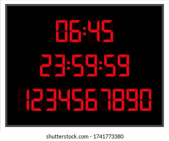 Red digits numbers set and digital clock. Led light digits and clock editable display. Electronic digital numbers set. 