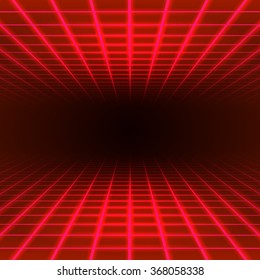 Red dimensional grid space tunnel floor and ceiling