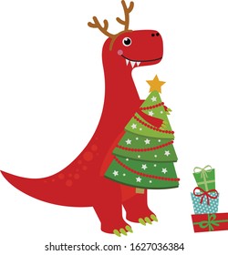 Red Dino With Christmas Tree