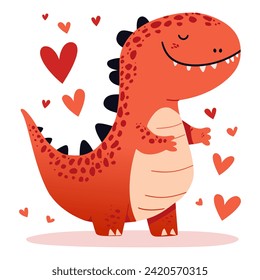 Red Dino Valentine Day - Spreading Love, Joy, and Whimsical Charm. Flat Vector Illustration 