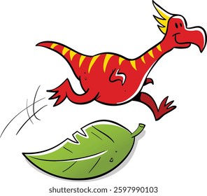 red dinosaur jumping over green leaf
