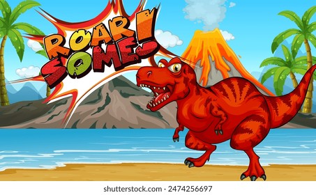 Red dinosaur roaring near a volcano