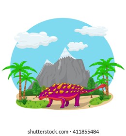 Red dinosaur with spikes on the background of nature,