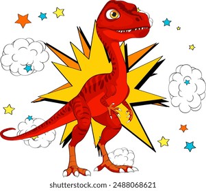 Red dinosaur with stars and clouds background