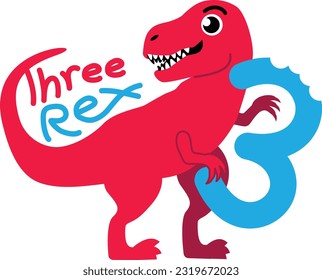 Red Dinosaur Tyrannosaur Three Rex. Cartoon Trex. Design for baby boy and girl birthday on white background. Happy Birthday, Card for a Child for Three Years.