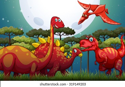 Red dinosuars under full moon in nature illustration