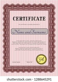 Red Diploma or certificate template. With background. Detailed. Cordial design. 