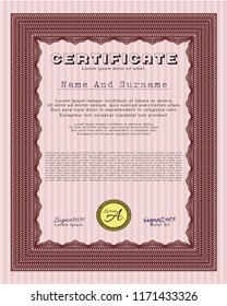 Red Diploma or certificate template. With complex linear background. Detailed. Elegant design. 