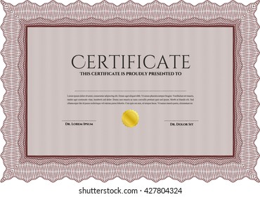 Red Diploma or certificate template. With complex background. Lovely design. Vector illustration. 