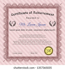 Red Diploma or certificate template. Cordial design. Detailed. With complex linear background. 