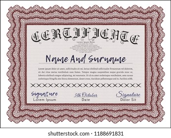 Red Diploma or certificate template. Customizable, Easy to edit and change colors. With complex linear background. Lovely design. 