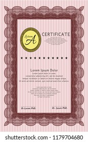 Red Diploma or certificate template. Excellent design. With guilloche pattern and background. Detailed. 