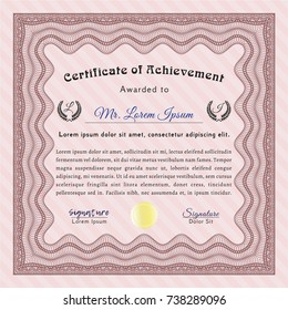 Red Diploma or certificate template. Excellent design. Vector illustration. With complex linear background. 