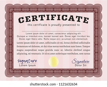 Red Diploma or certificate template. With linear background. Cordial design. Detailed. 