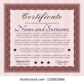 Red Diploma or certificate template. With linear background. Detailed. Modern design. 