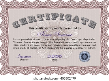 Red Diploma or certificate template. Lovely design. With complex background. Vector illustration. 