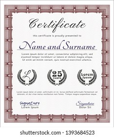 Red Diploma or certificate template. Money style design. Complex background. Detailed. 