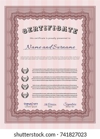 Red Diploma or certificate template. Money style design. Detailed. With complex background. 